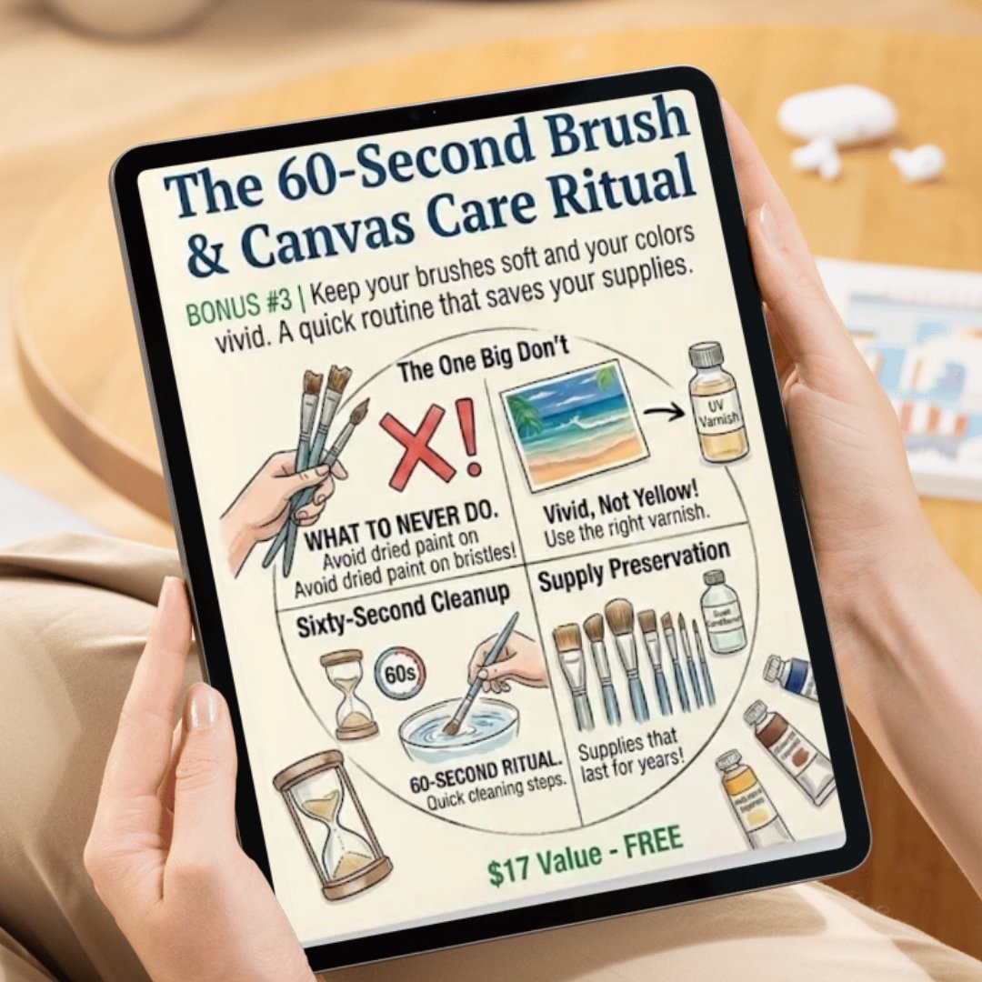 Bonus 3: The 60-Second Brush and Canvas Care Ritual guide shown on a tablet
