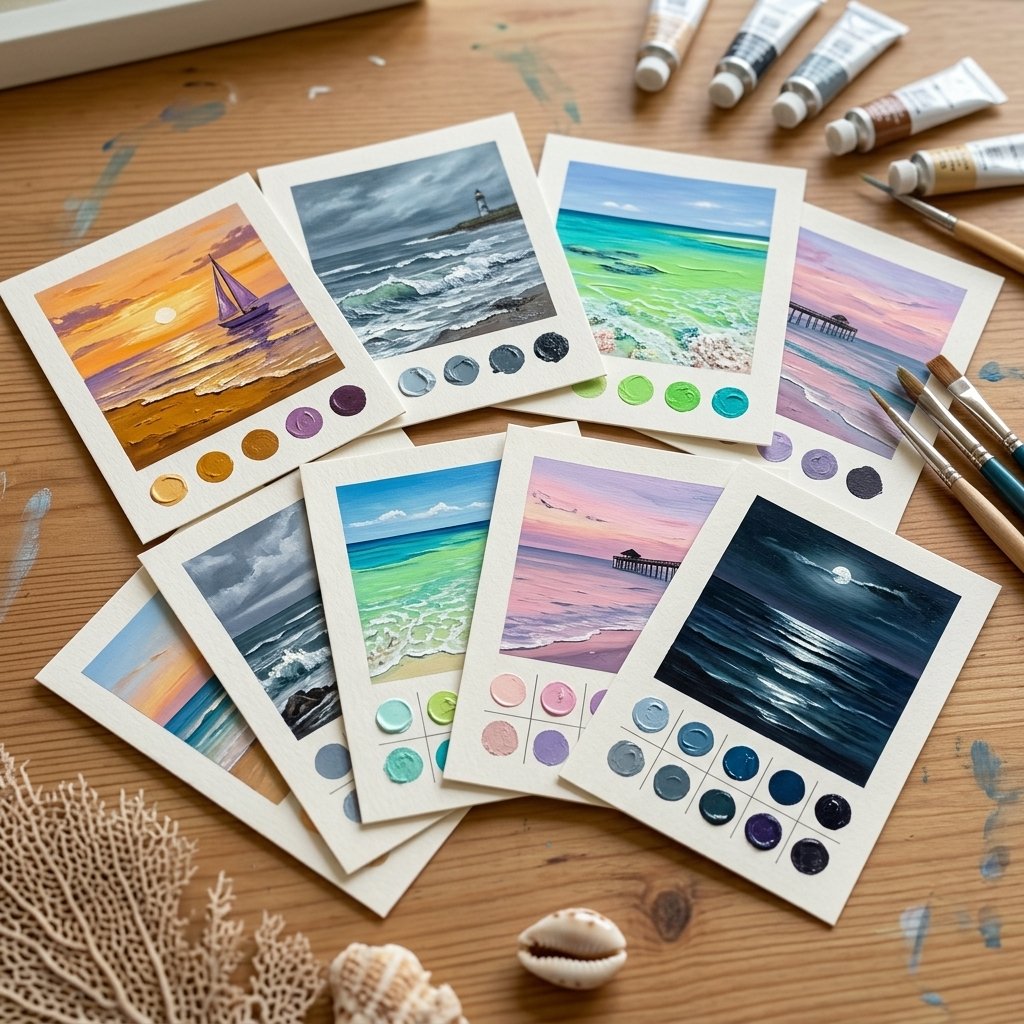 Beta bonus: printable Coastal Color Vault palette cards fanned out, each with a mini scene and matching paint swatches