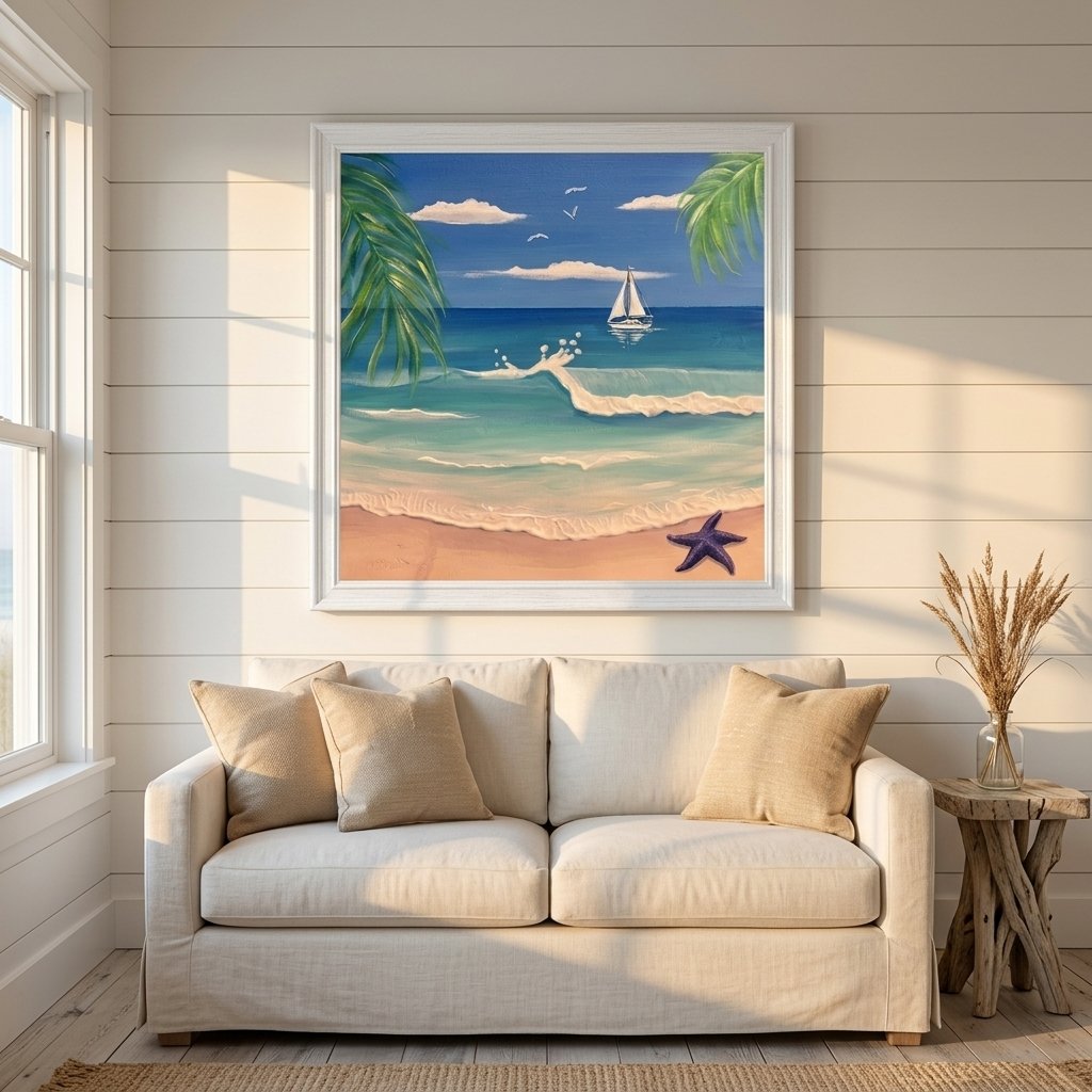 The finished ocean horizon painting hanging above a cream sofa in a coastal living room
