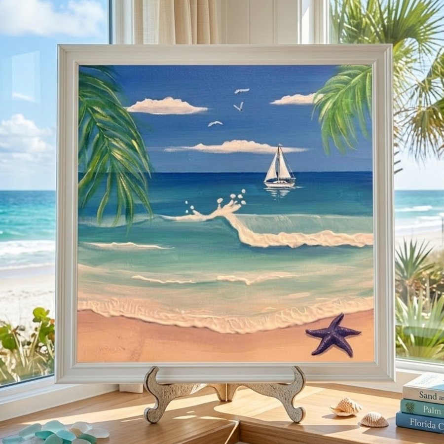 Finished ocean horizon acrylic painting in a white frame: turquoise water, breaking wave, sailboat, and starfish on the sand