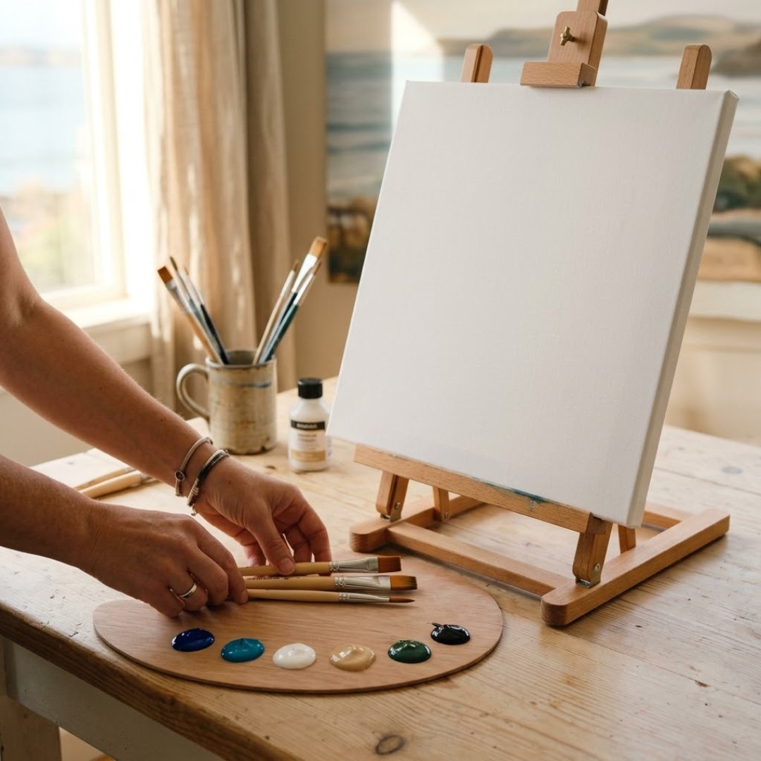 Module 1: painting station set up with palette, three brushes, six paint colors, and a blank canvas on an easel