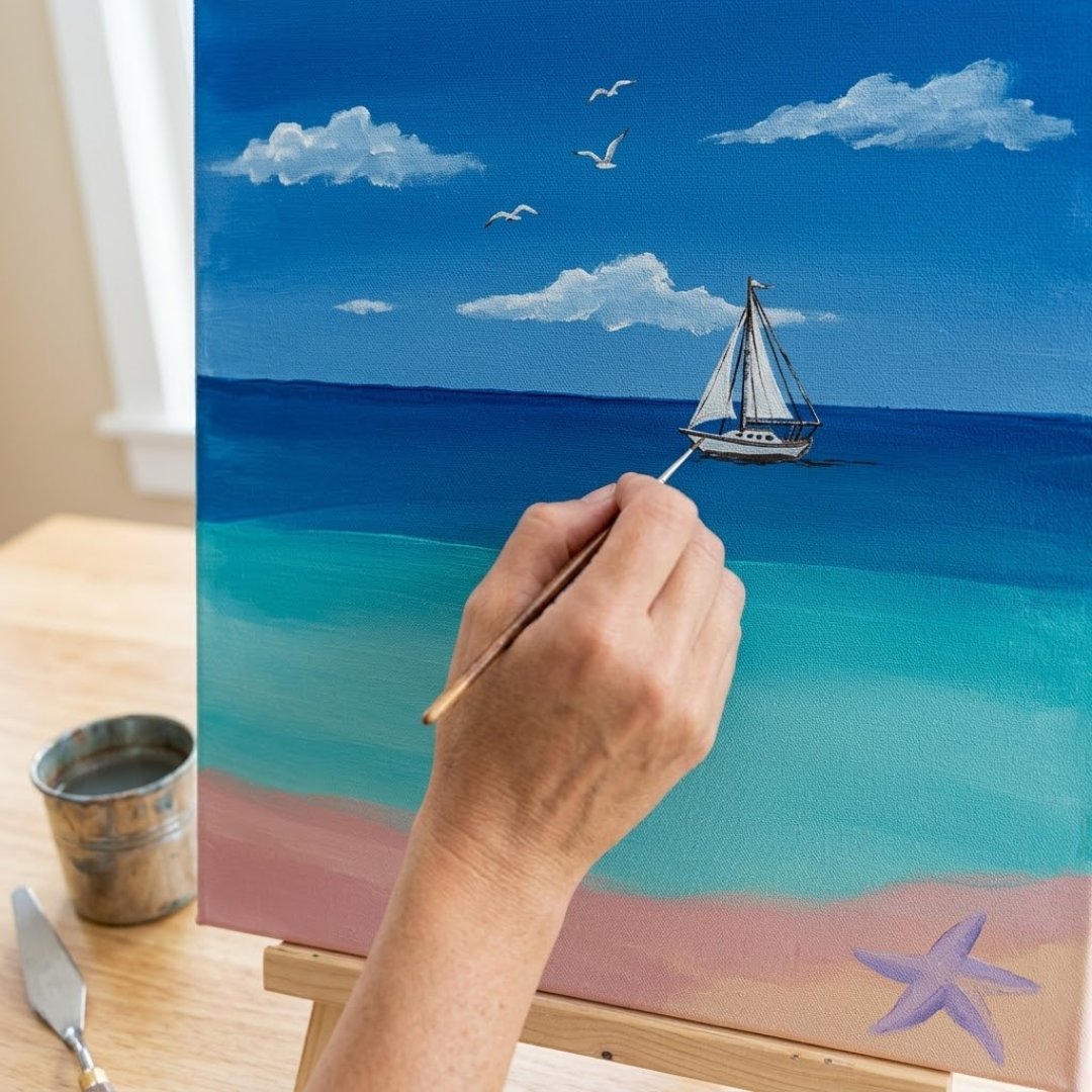 Module 3: painting a small sailboat on the horizon with a fine liner brush