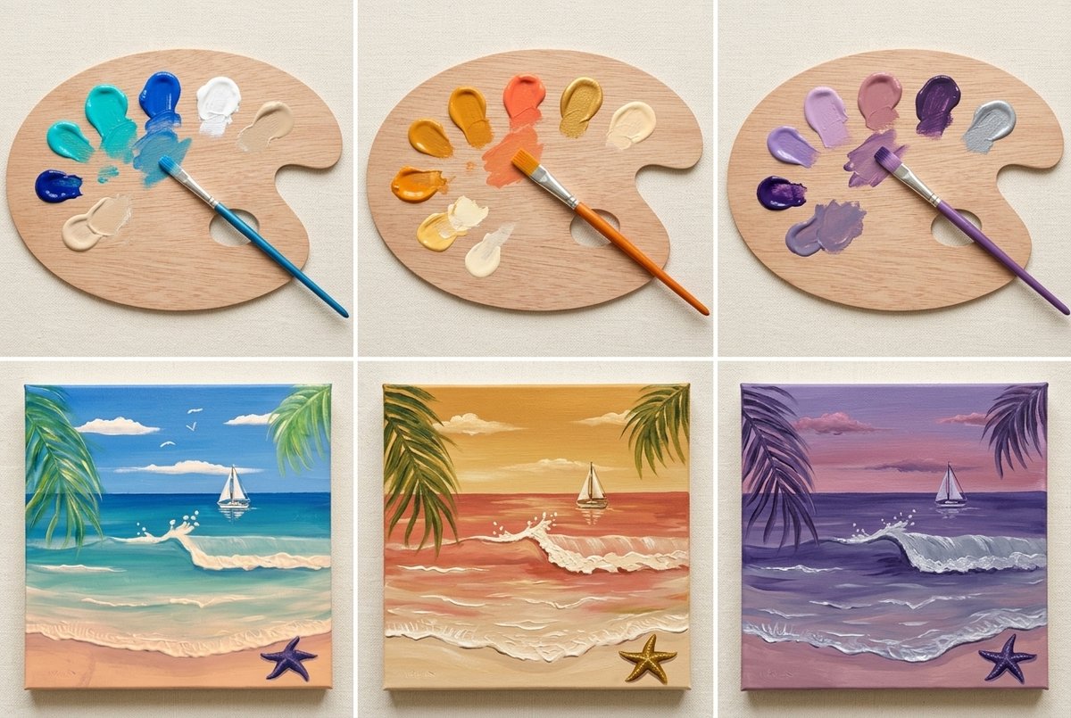 Three artist palettes holding tropical turquoise, golden sunset, and lavender twilight acrylic paints above three matching finished beach paintings in each palette