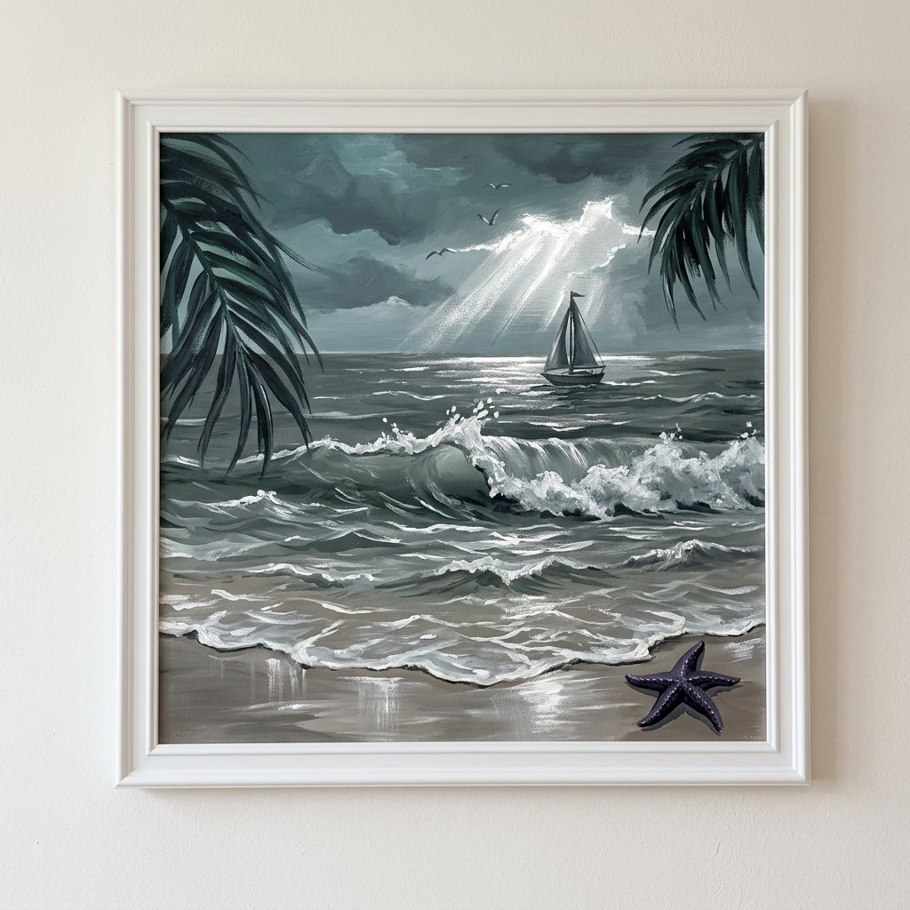 The same beach scene painted in a dramatic storm palette with slate sky and silver light breaking through